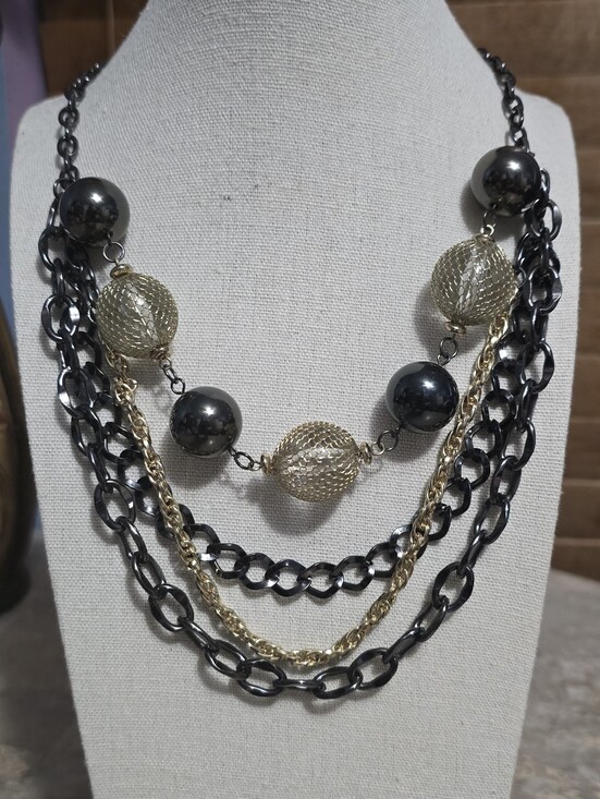 Jewelry - Gunmetal and Gold-Tone Layered Chain Necklace with Mesh Over Lucite Spheres